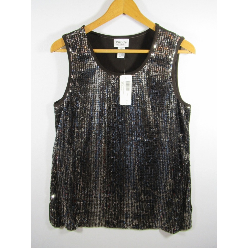 NEW Chico's Travelers Sequin Sleeveless Tank Top Women XL Slinky Knit Brown